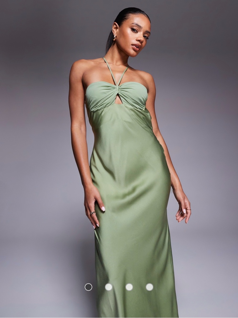 ASOS DESIGN satin strappy halter maxi dress with contrast bust in sage green